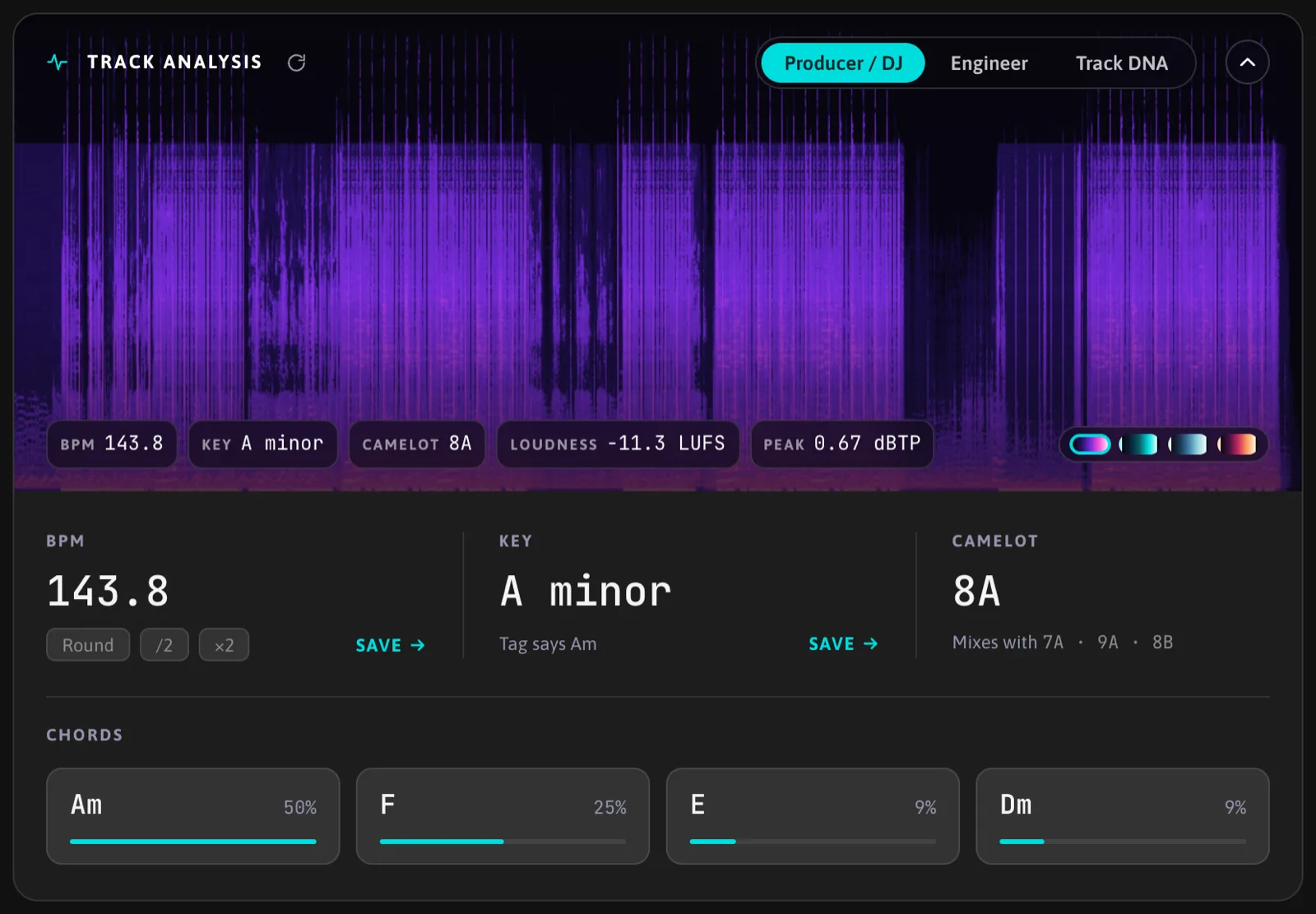 The Producer / DJ tab: spectrogram, BPM with Round, /2 and x2 helpers, key with the tag comparison, Camelot code with compatible keys, and the chords found in the track