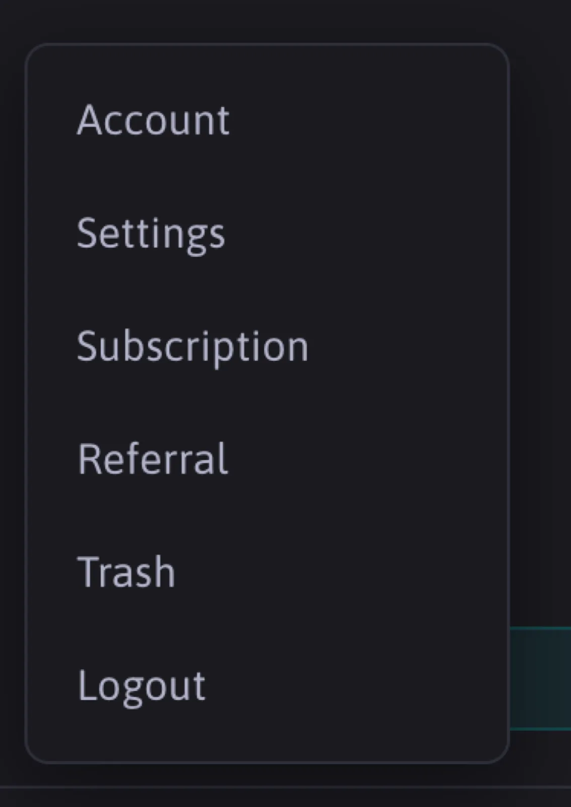 The avatar menu: Account, Settings, Subscription, Referral, Trash, Logout