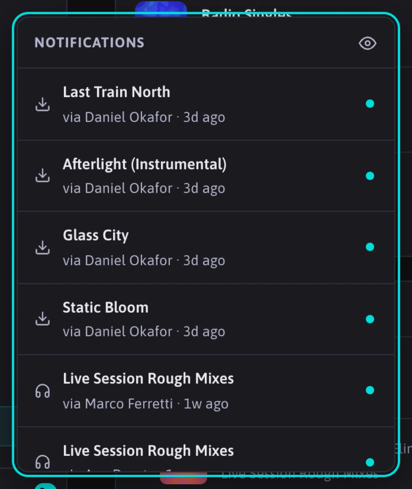 The notifications panel: a list of events with a teal dot for unread and an eye icon to mark all read