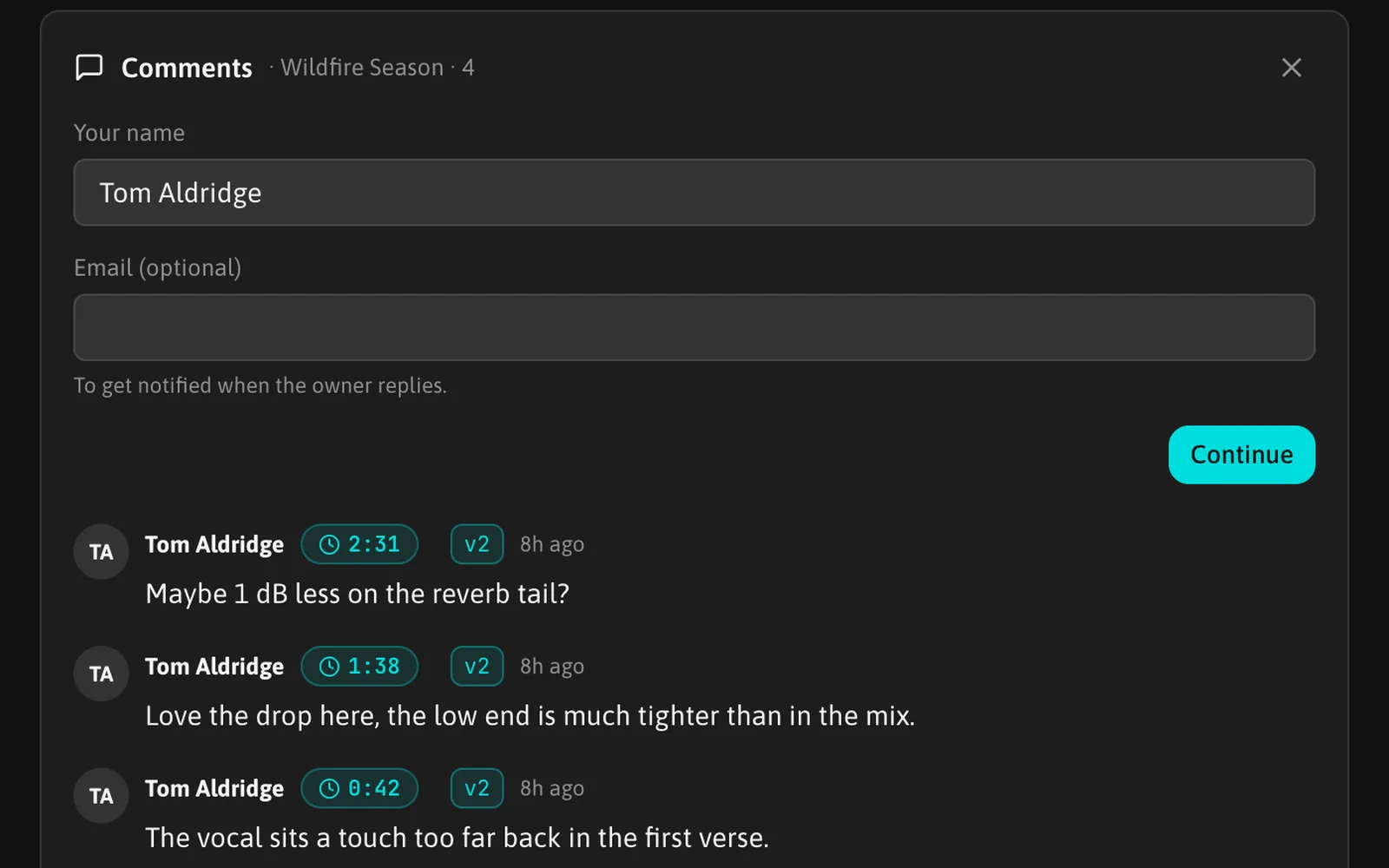 The comment panel asking the listener for a name, prefilled with Tom Aldridge, and an optional email, above the existing comments