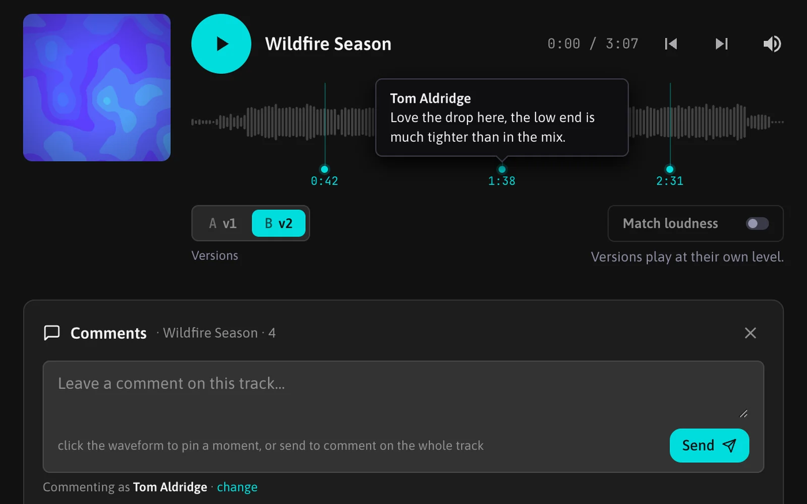 The listener player with three comment dots under the waveform; hovering the one at 1:38 shows the comment above it
