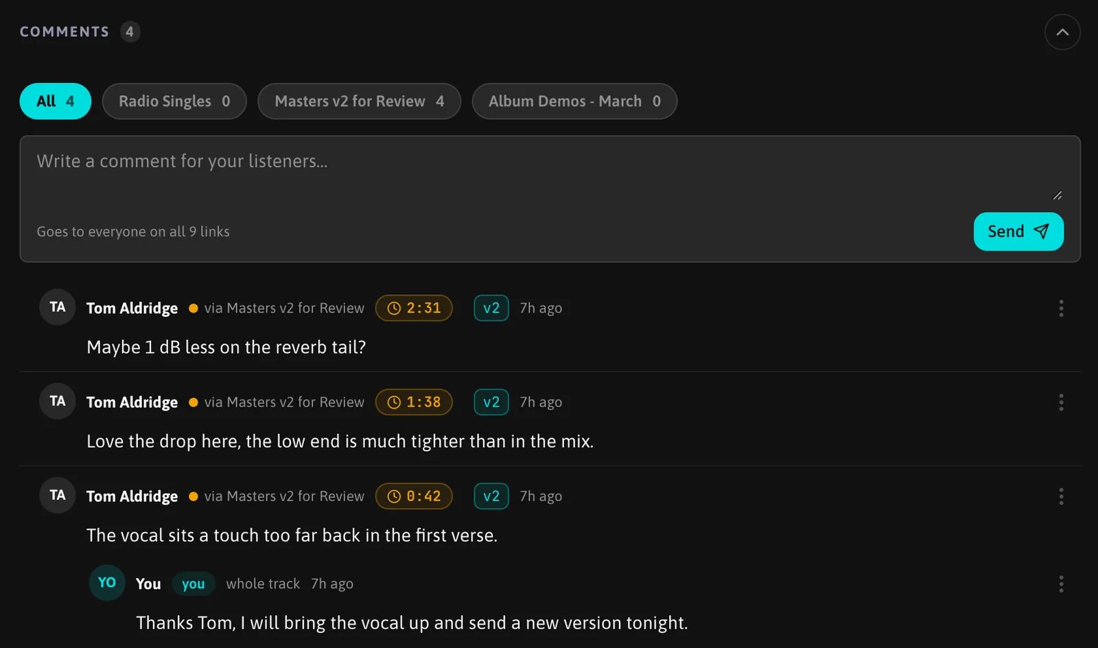 The Comments section of a track page: filter chips per playlist, the box to write to listeners, and timestamped comments from a listener with the owner's reply