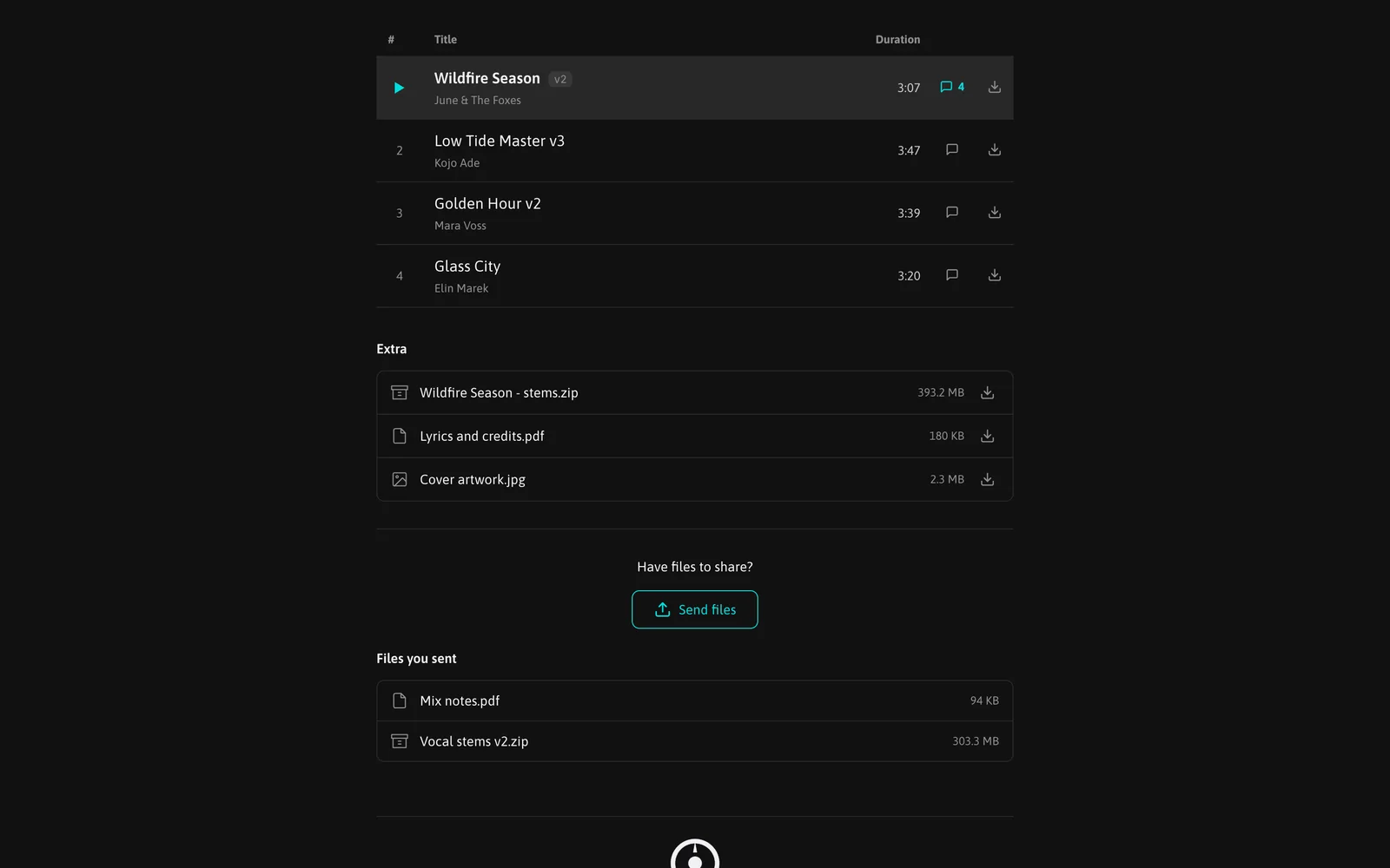 The listener page with the Send files button under the tracklist