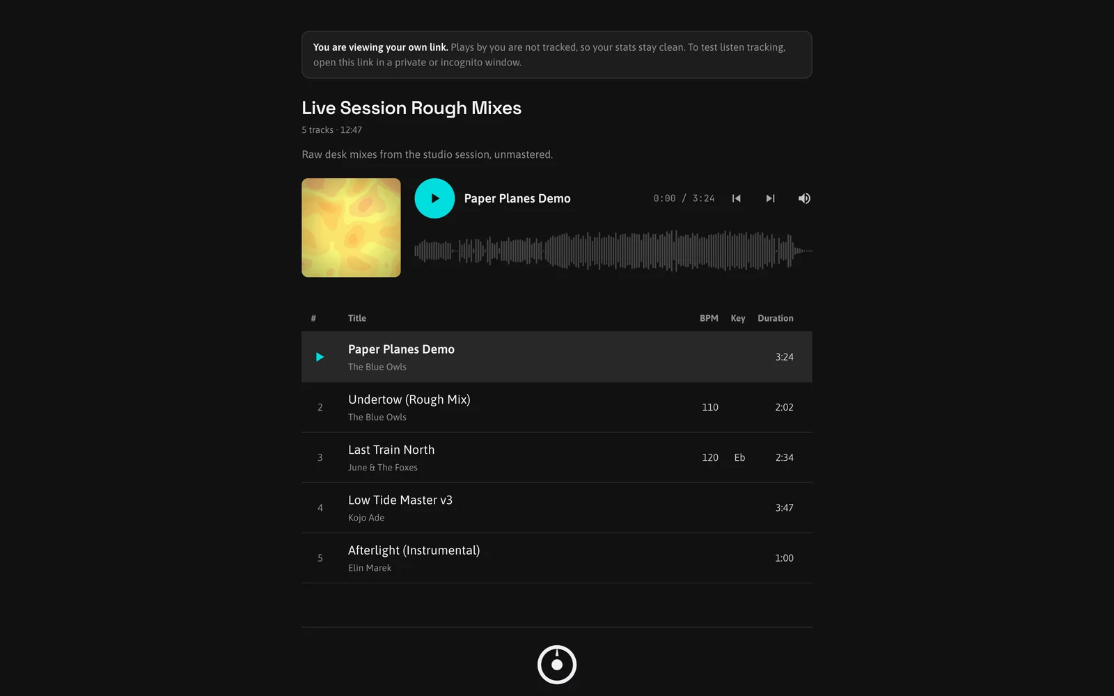 A listener page opened by its owner, with the notice that plays by the owner are not tracked
