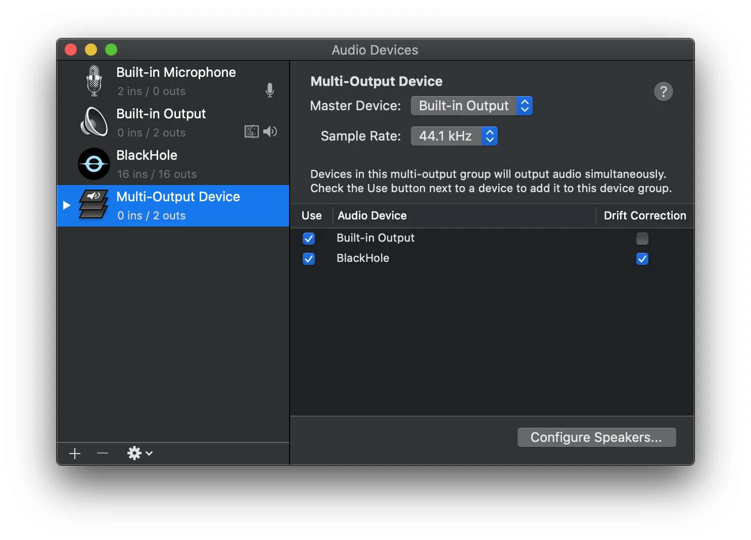 Audio MIDI Setup with a Multi-Output Device: Built-in Output first as master device, BlackHole ticked with Drift Correction on