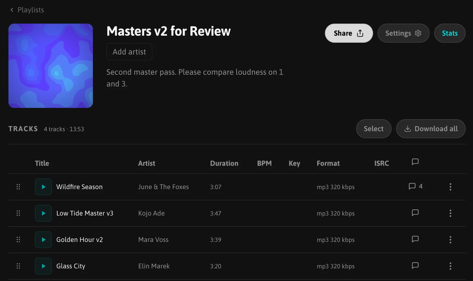 A playlist page: the tracks table with a comments column, where Wildfire Season shows 4 comments