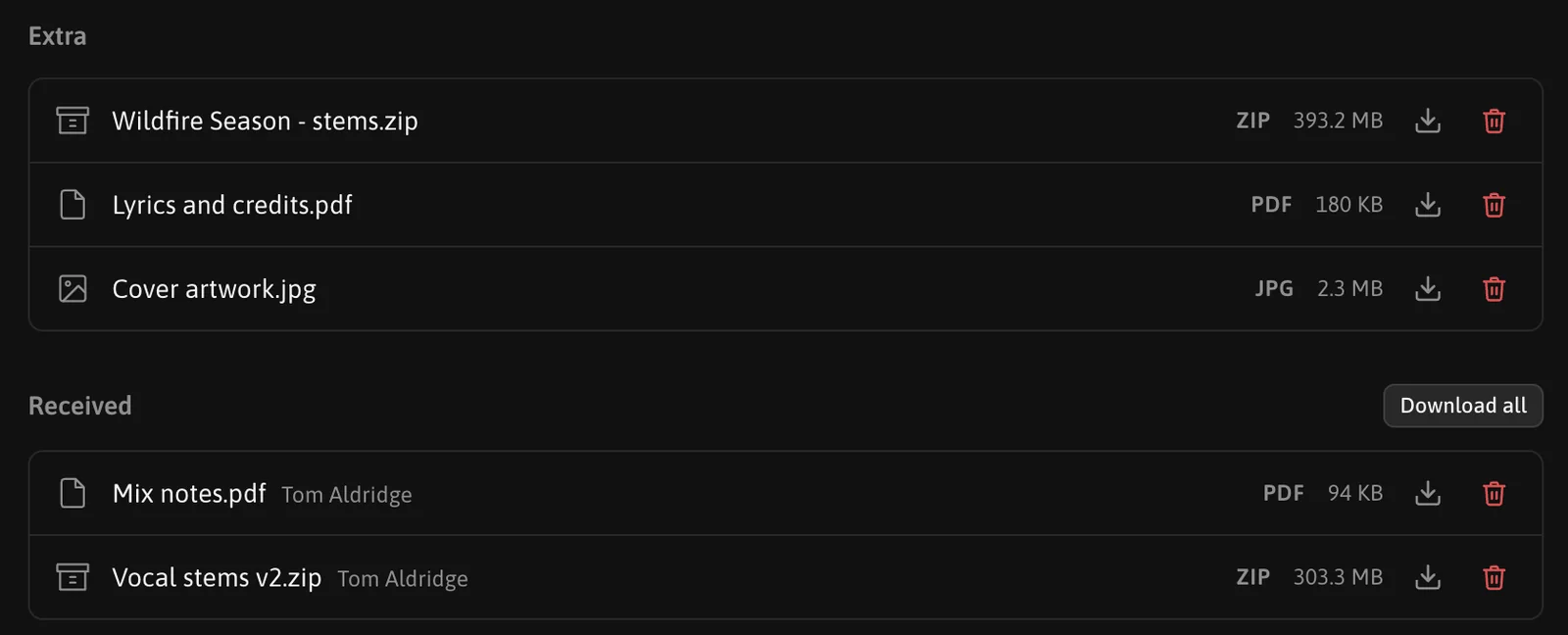 The Extra and Received sections of a playlist page: three attachments with type, size, download and delete, and two files sent by a listener