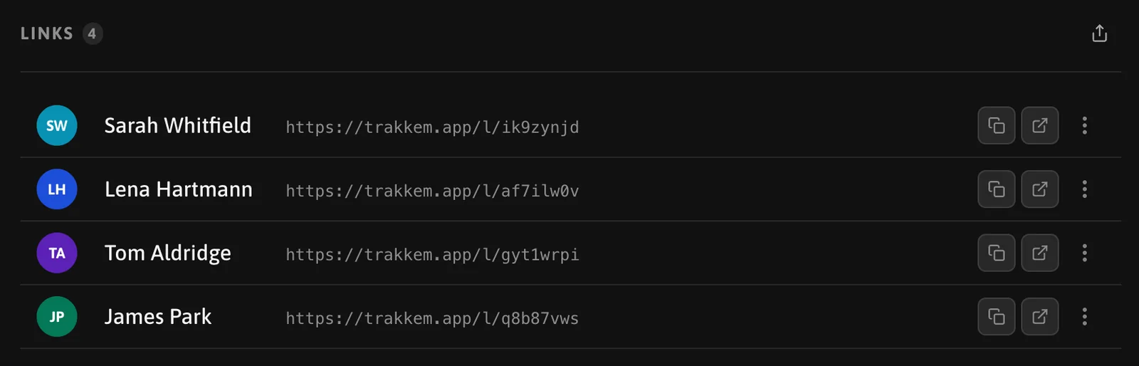 The Links section of a playlist: one row per contact, with the link address, copy and open buttons and a row menu