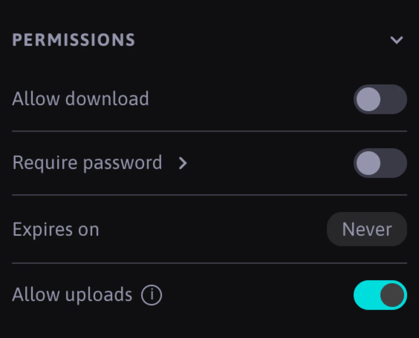 The Permissions section of the playlist settings with Allow uploads switched on