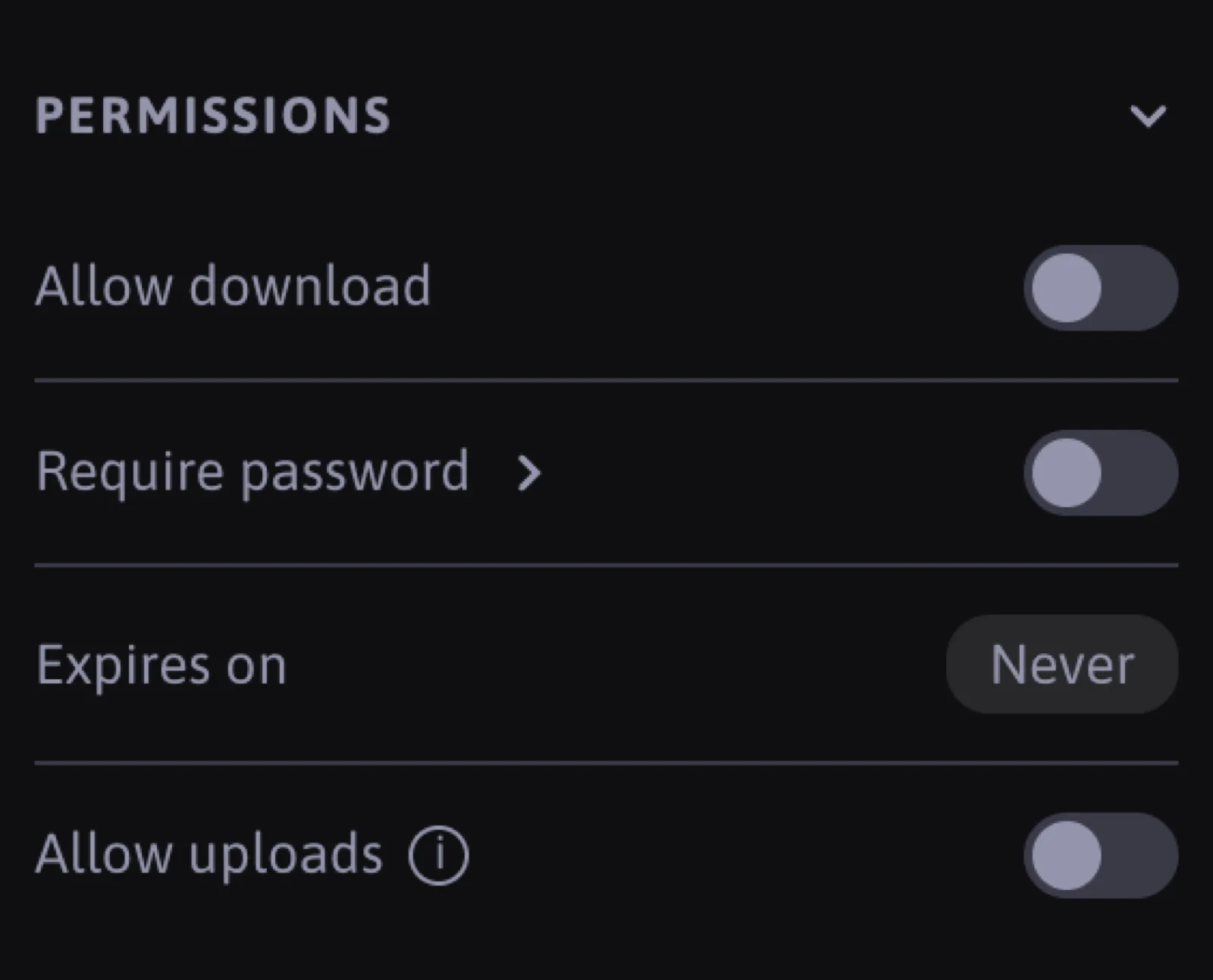 The Permissions section of the playlist settings: Allow download, Require password, Expires on, Allow uploads