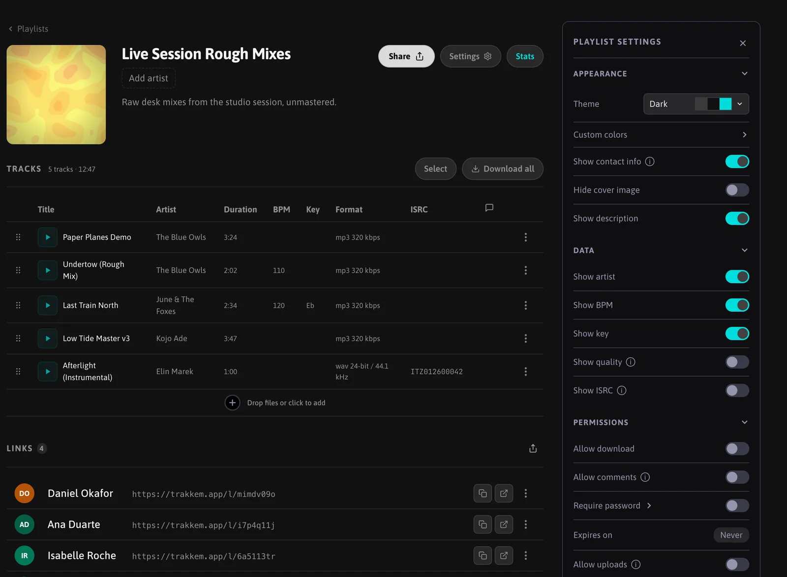 A playlist page with the settings panel open: Appearance, Data with Show artist, Show BPM, Show key, Show quality and Show ISRC, Permissions, Notifications and Player quality
