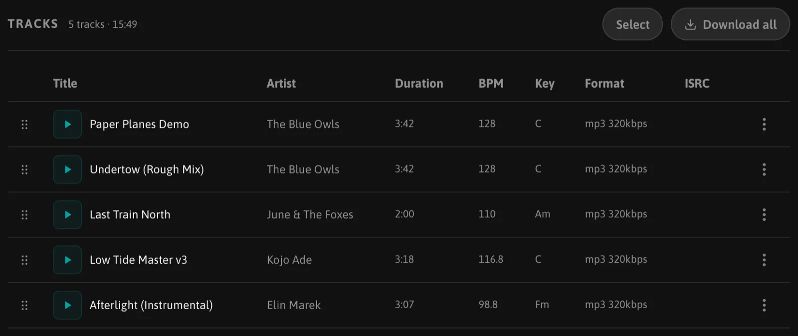 The Tracks section of a playlist: drag handles, play buttons, title, artist, duration, BPM, key, format and ISRC columns, with Select and Download all on top