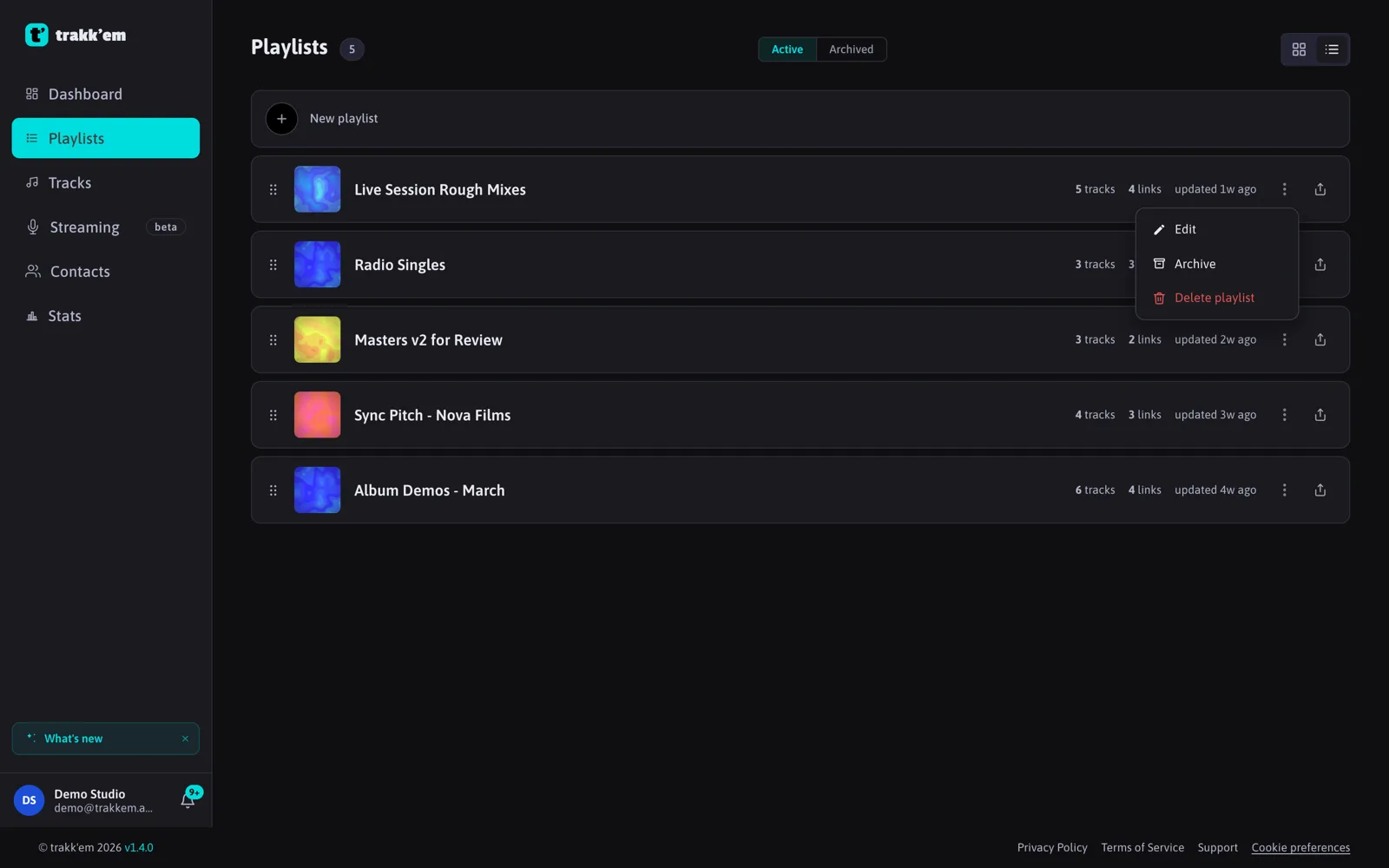 The Playlists page with the New playlist row on top and a row menu open showing Edit, Archive and Delete playlist