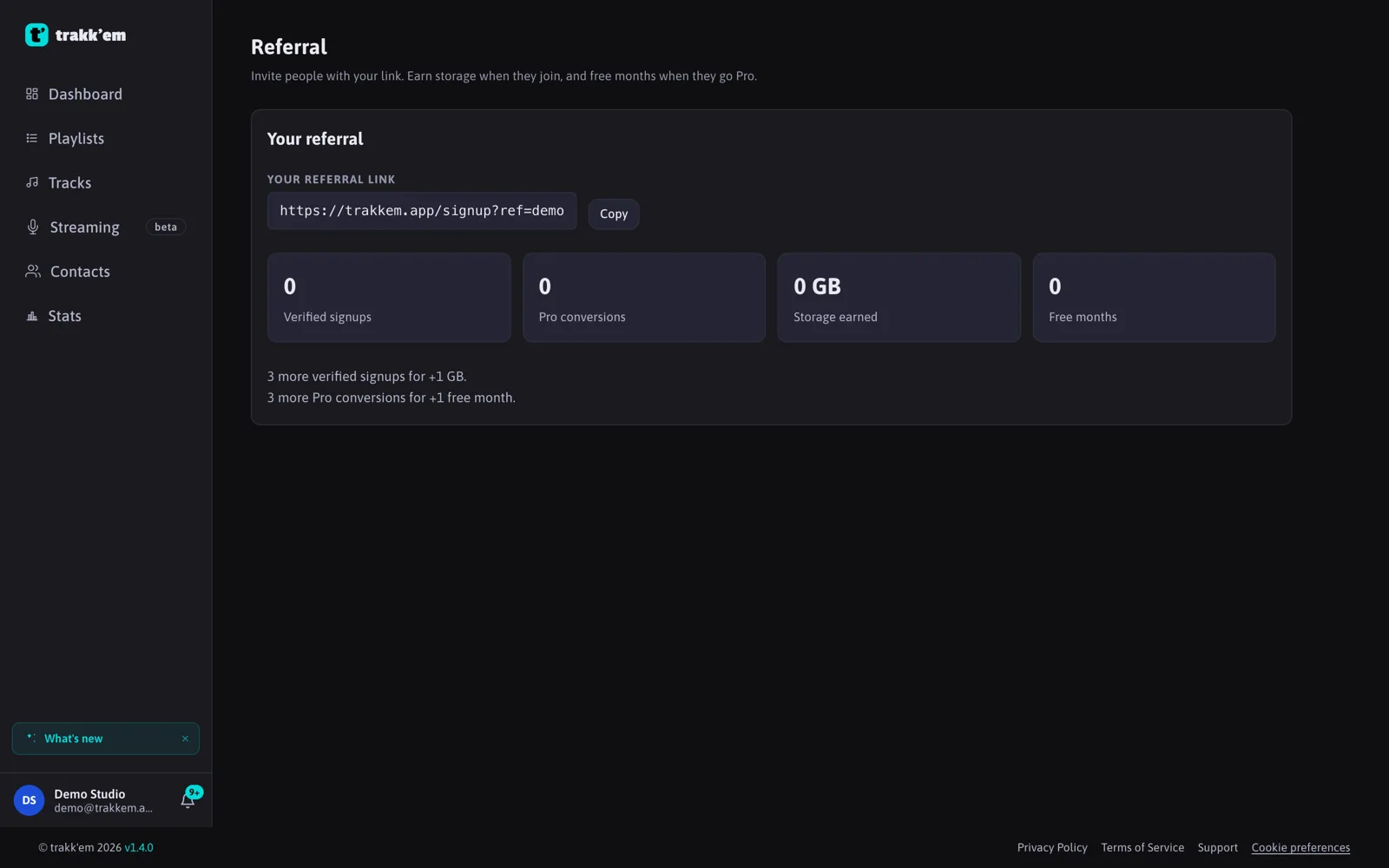 The Referral page: your referral link with Copy, verified signups, Pro conversions, storage earned and free months