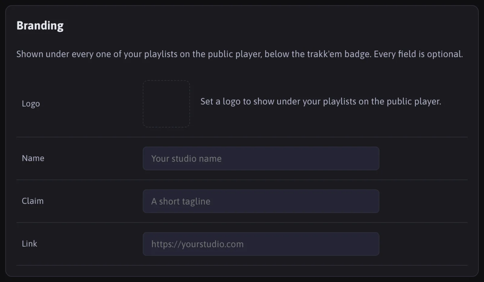 The Branding section in Settings: logo, name, claim and link shown under every playlist on the public player