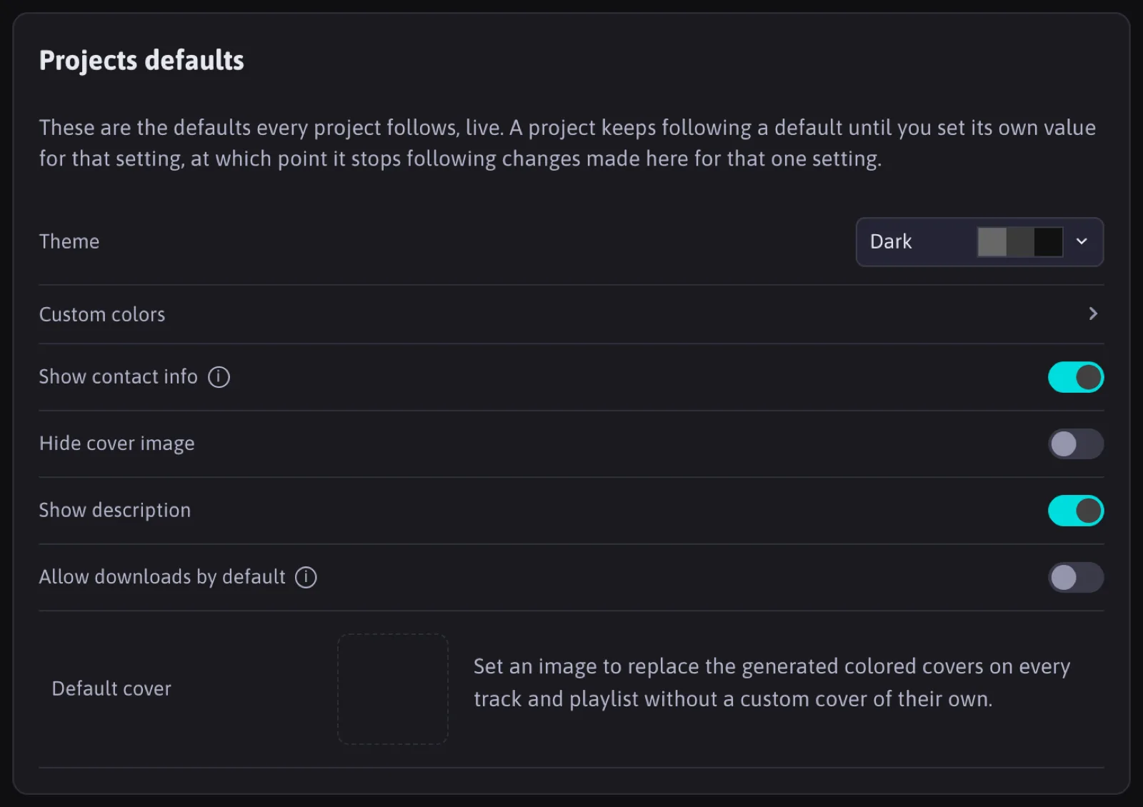 The Projects defaults section in Settings: theme, custom colors, show contact info, hide cover image, show description, Allow downloads by default and Default cover