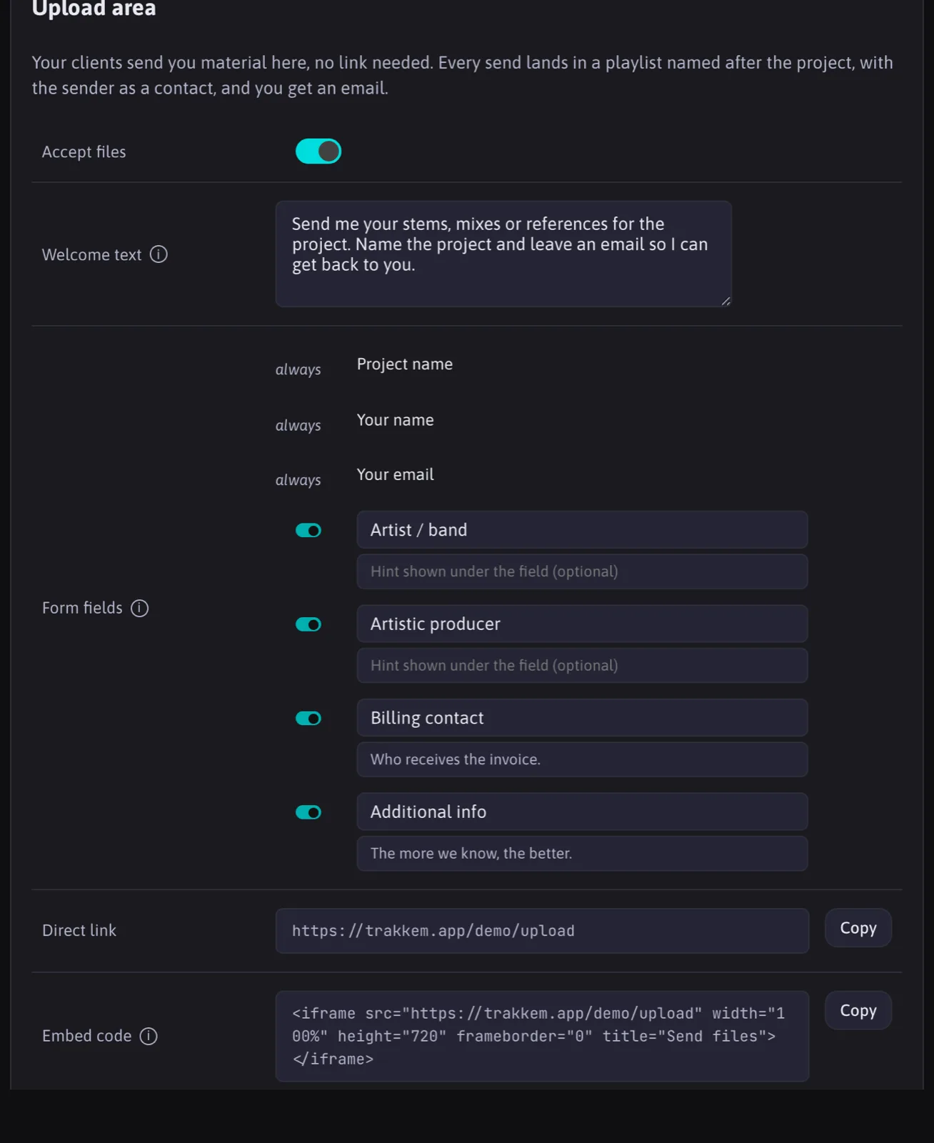 The Upload area section in Settings: Accept files, Welcome text, the form fields with the always-on ones and the optional ones with their labels and hints, Direct link and Embed code