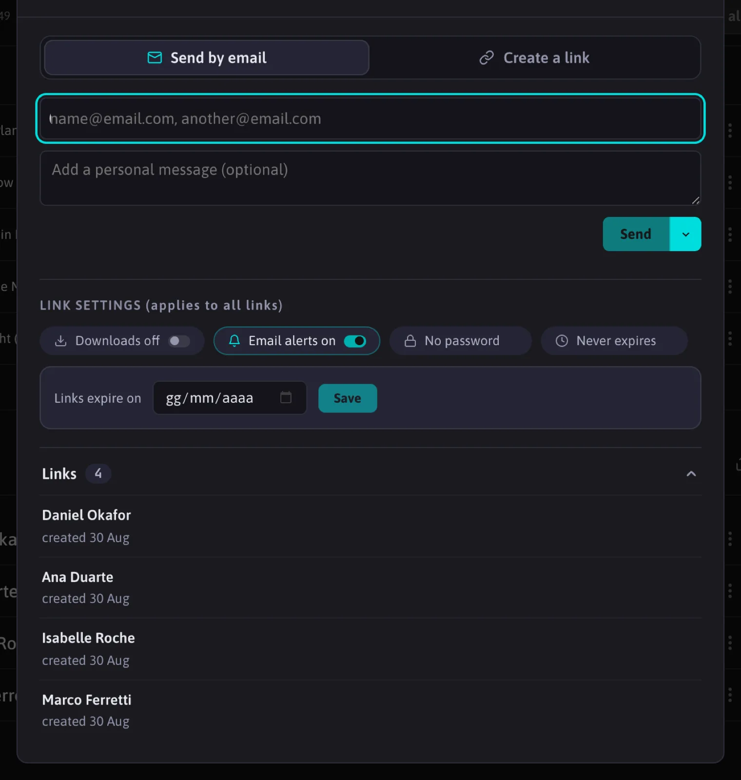 The Share window with the expiry editor open and the list of existing links with their creation date