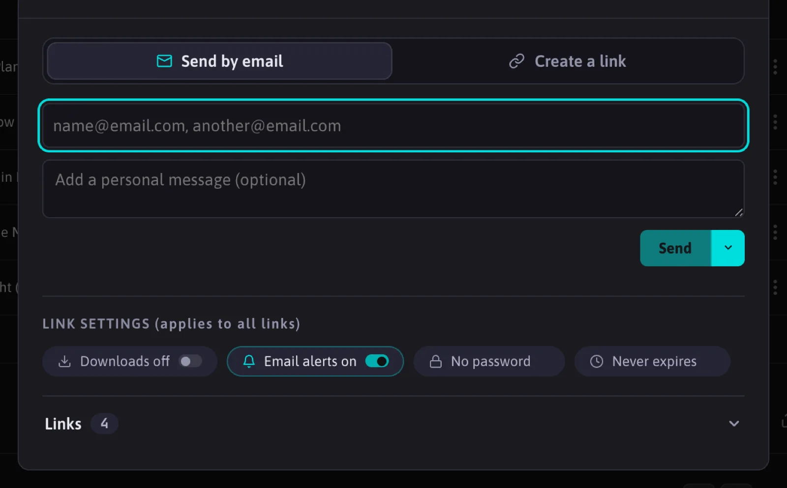 The Share window on Send by email: address field, personal message, Send button with the schedule menu, and the link settings row