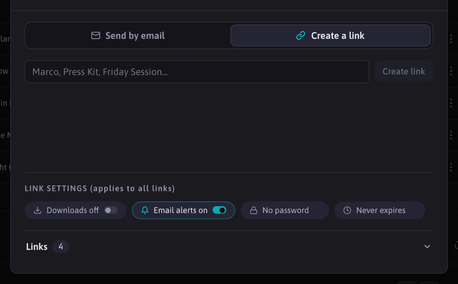 The Share window on Create a link: a name field and the Create link button