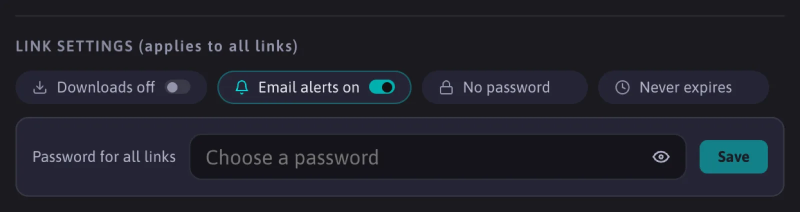 The link settings row with the password editor open: Password for all links, and Save