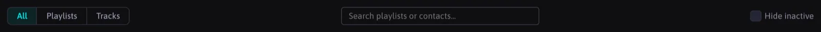 The Stats toolbar: All, Playlists and Tracks chips, a search box for playlists or contacts, and Hide inactive