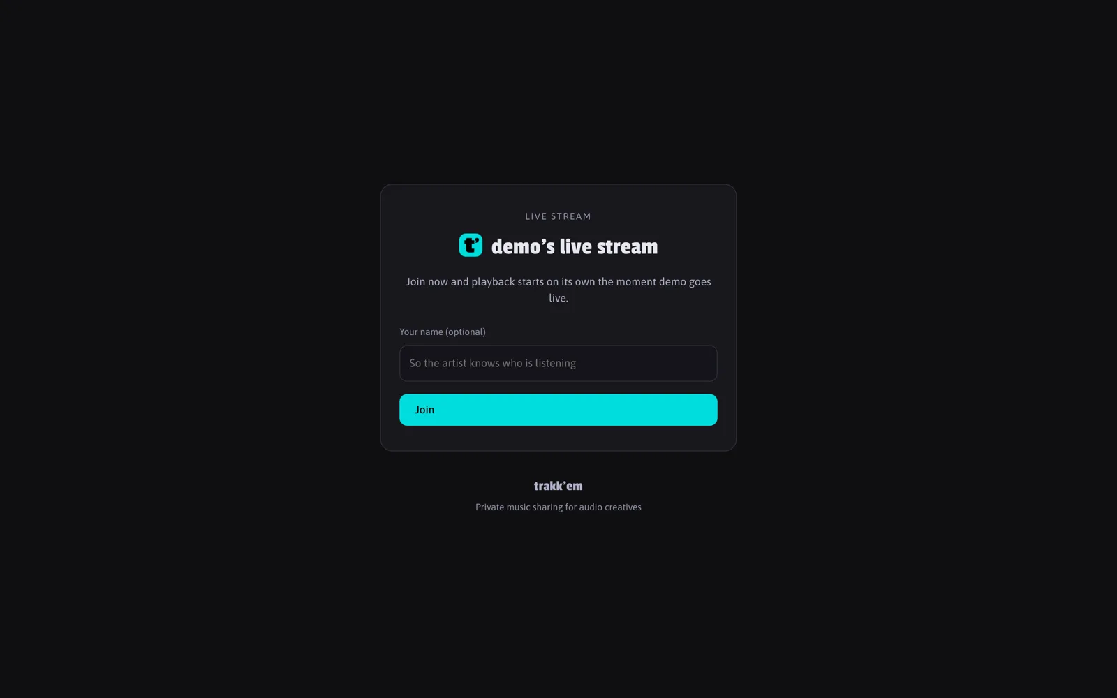 The listener page of a stream: name field and a Join button, playback starts when the broadcast goes live