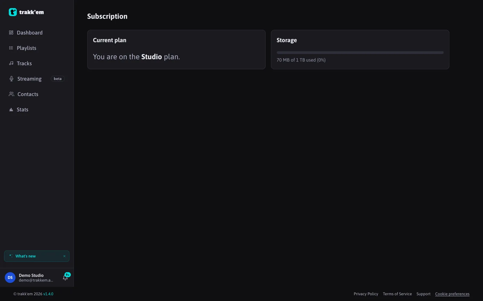 The Subscription page: current plan and storage used