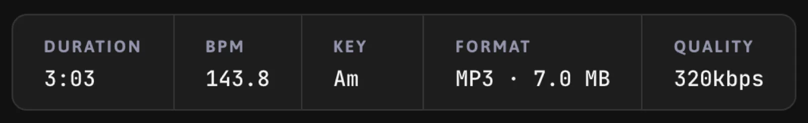 The track info strip: duration, BPM, key, format with size, and quality