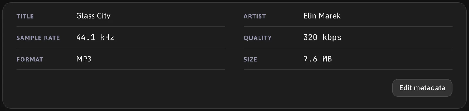 The Metadata section of a track: title, artist, sample rate, quality, format, size and the Edit metadata button