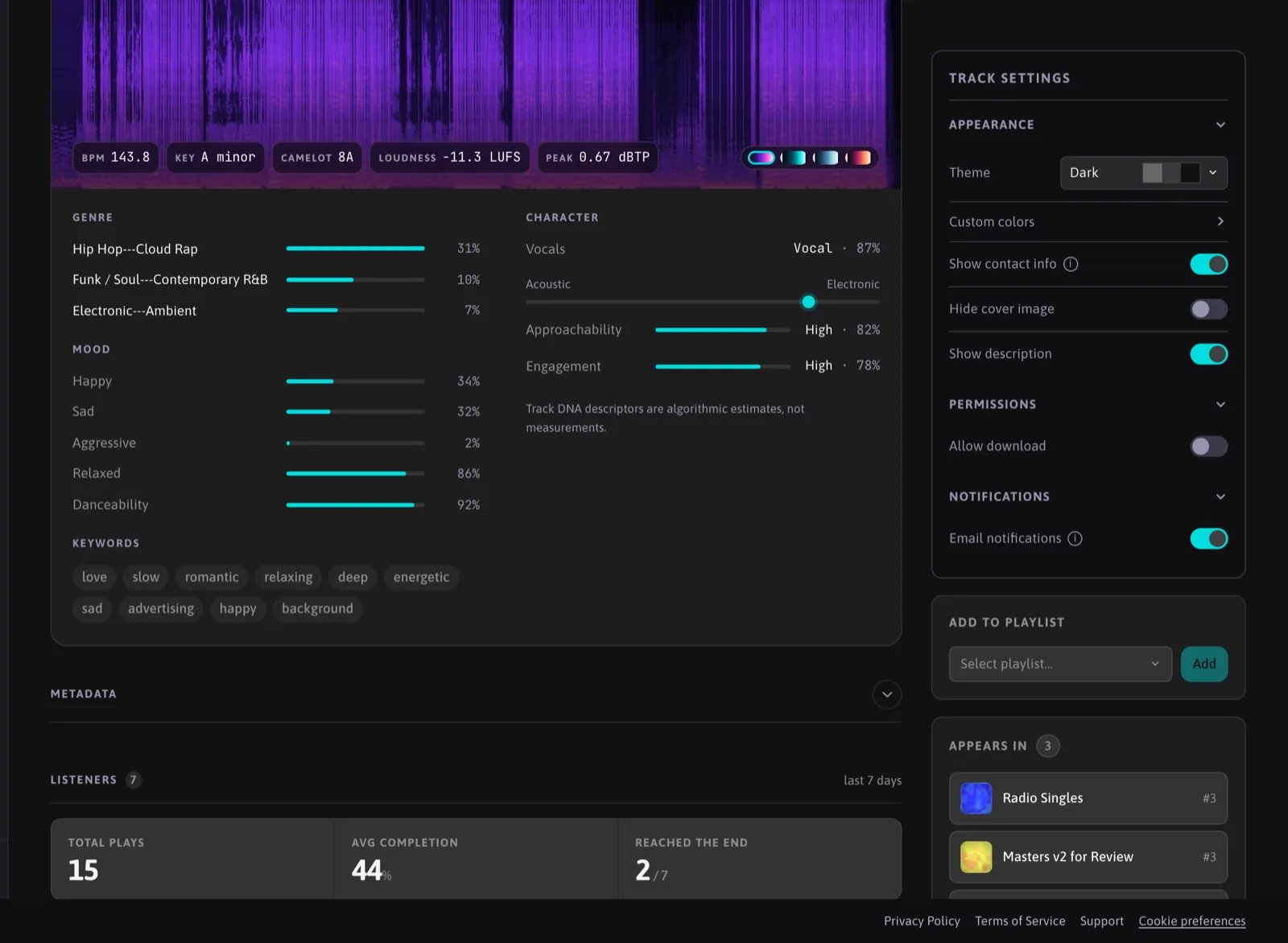 The Track settings panel: Appearance with theme and custom colors, Permissions with Allow download, Notifications with Email notifications