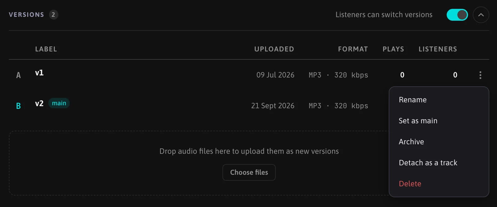 The Versions table with the row menu of v1 open: Rename, Set as main, Archive, Detach as a track, Delete; below it the drop zone for new versions