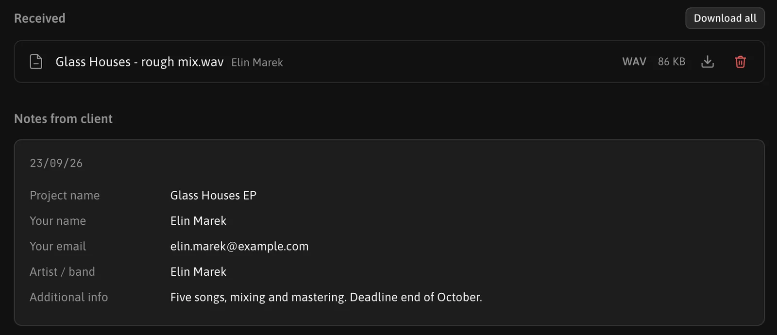 A playlist created by a submission: the received file from the client and the Notes from client card with project name, name, email, artist and additional info