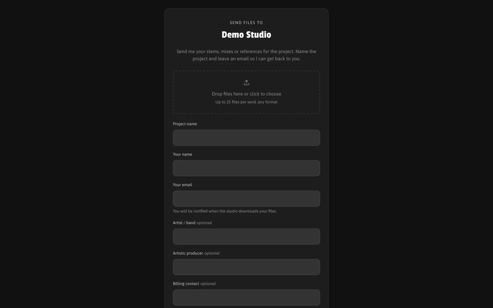The public upload area: Send files to Demo Studio, the welcome text, the drop zone and the form fields