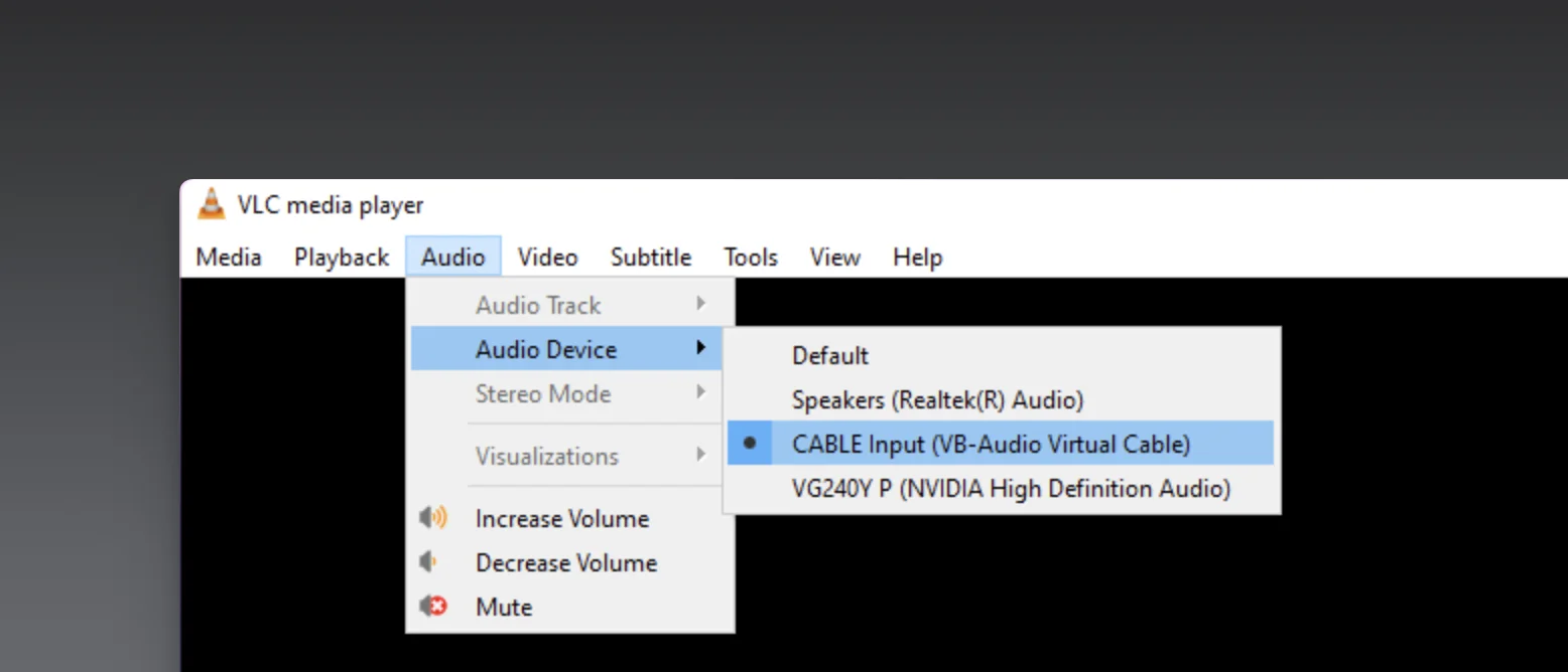 A media player choosing CABLE Input (VB-Audio Virtual Cable) as its audio device
