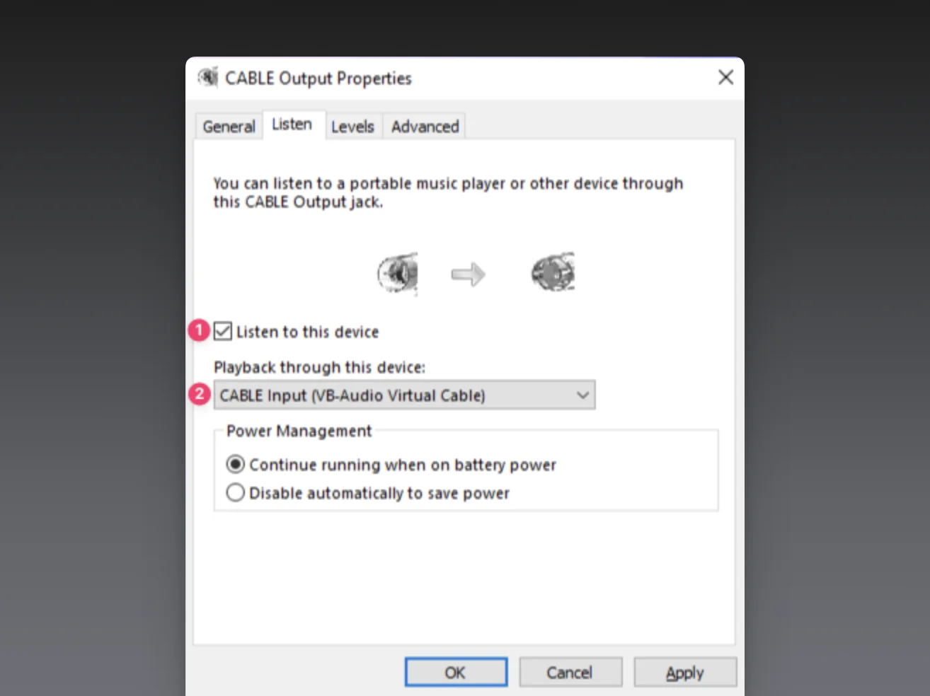 The Listen tab of CABLE Output Properties with Listen to this device ticked and the Playback through this device menu