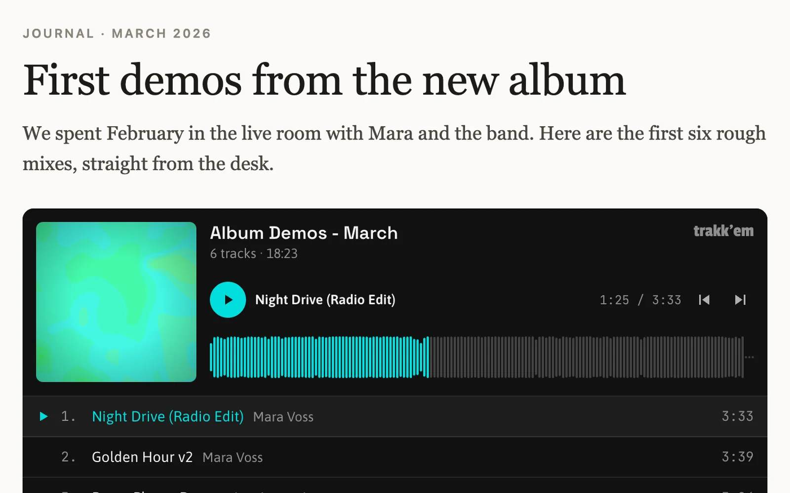 A trakk'em playlist player embedded in a website article, with the tracklist under it