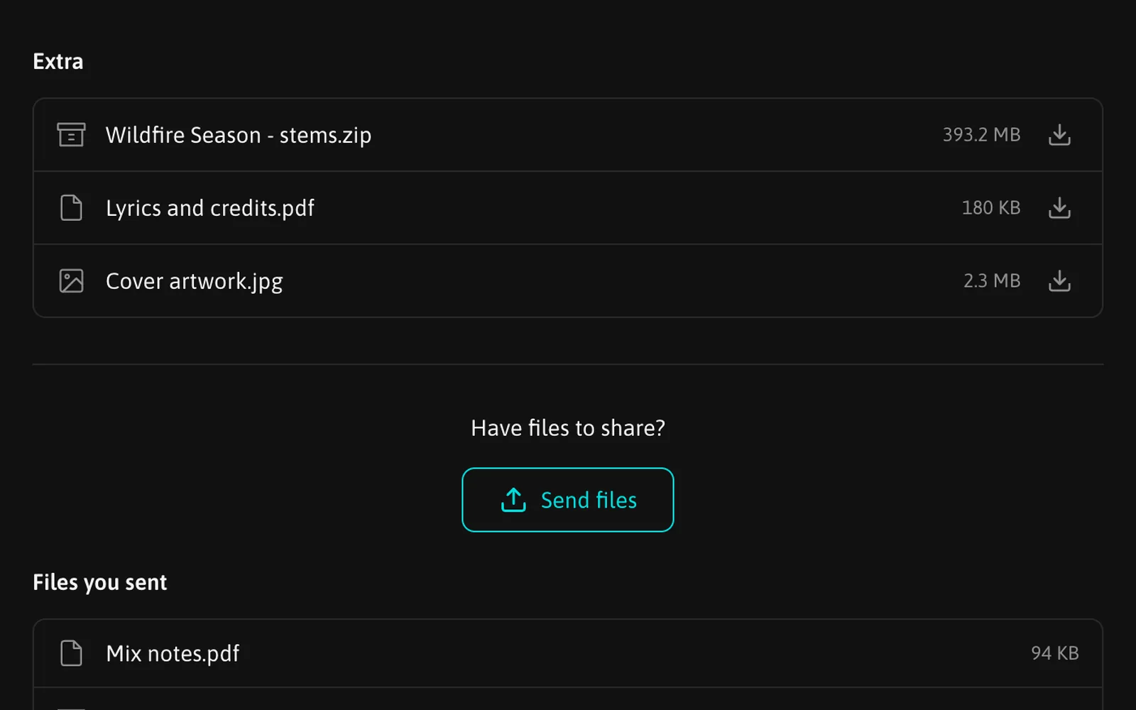 The listener page: the Extra section with a zip, a PDF and an image, the Send files button and Files you sent