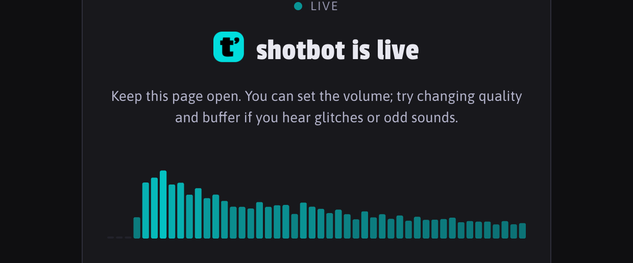 trakk'em live listener page with visualizer, quality and buffer controls