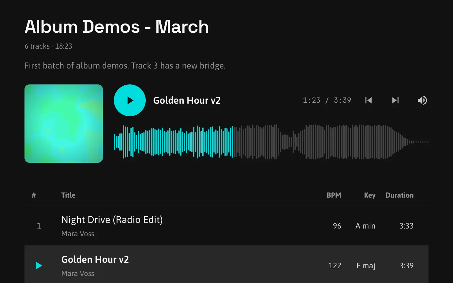 A playlist's listener page in the Dark theme
