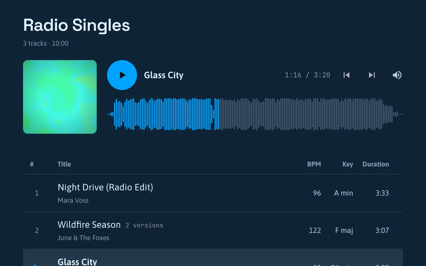 A playlist's listener page in the Midnight theme