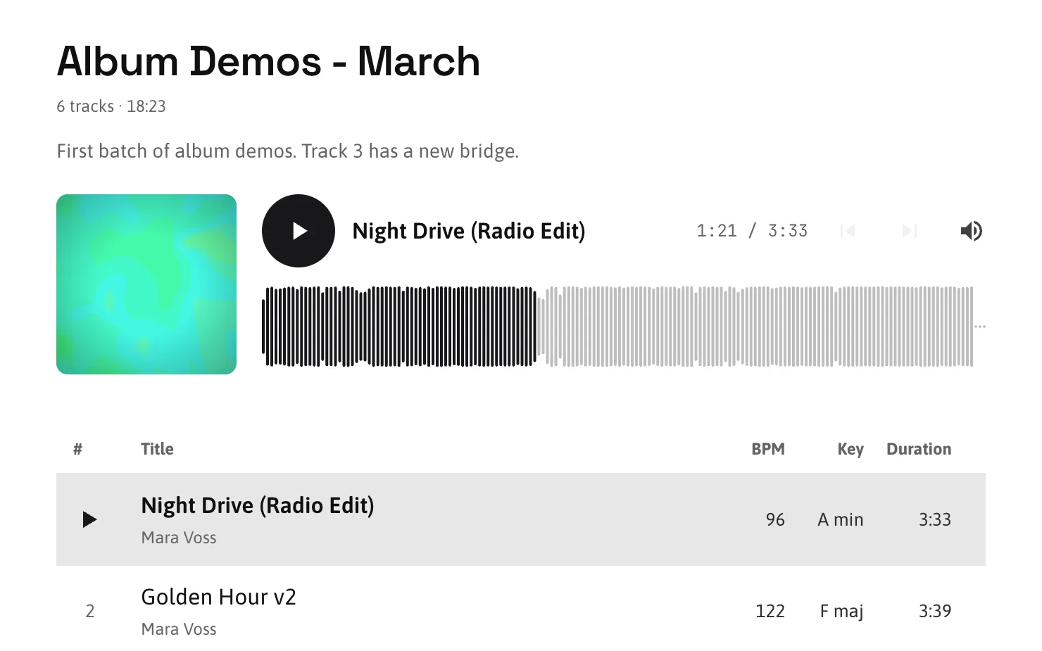A playlist's listener page in the Paper theme