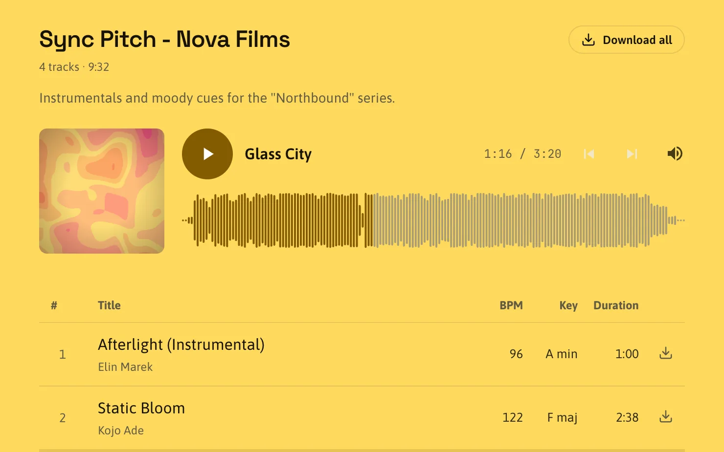 A playlist's listener page in the Sunshine theme