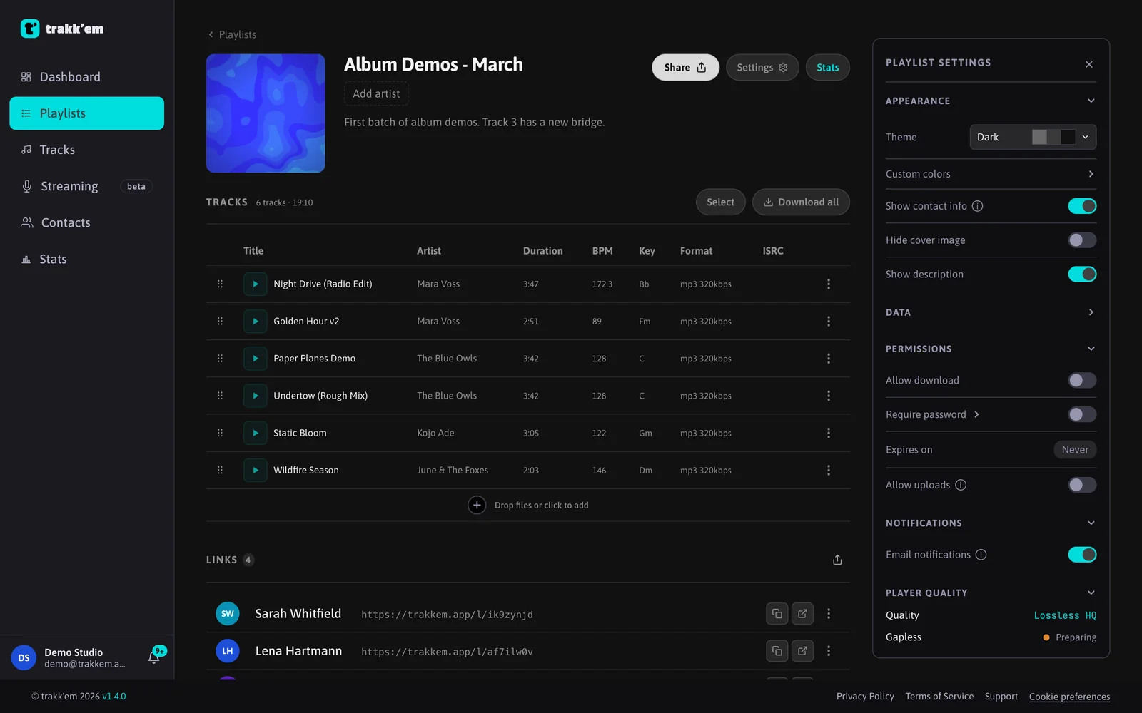 playlist page with tracks, links and delivery settings