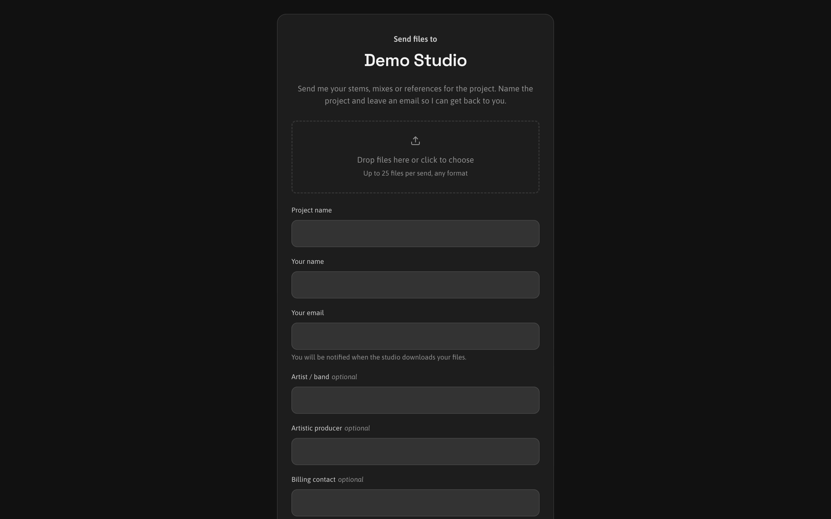 Upload area. Client intake page for studios (Studio).